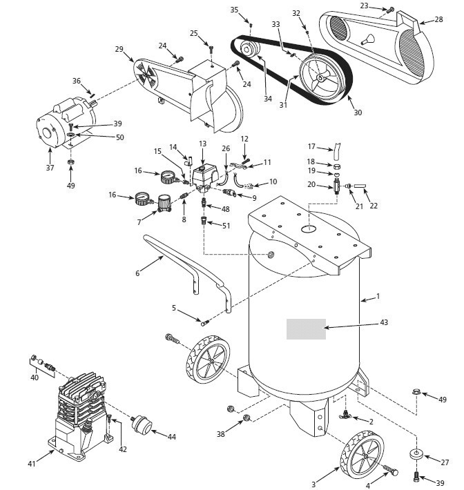 Tank Parts Diagram and Parts List for VT631901  Campbell Hausfeld Compressor